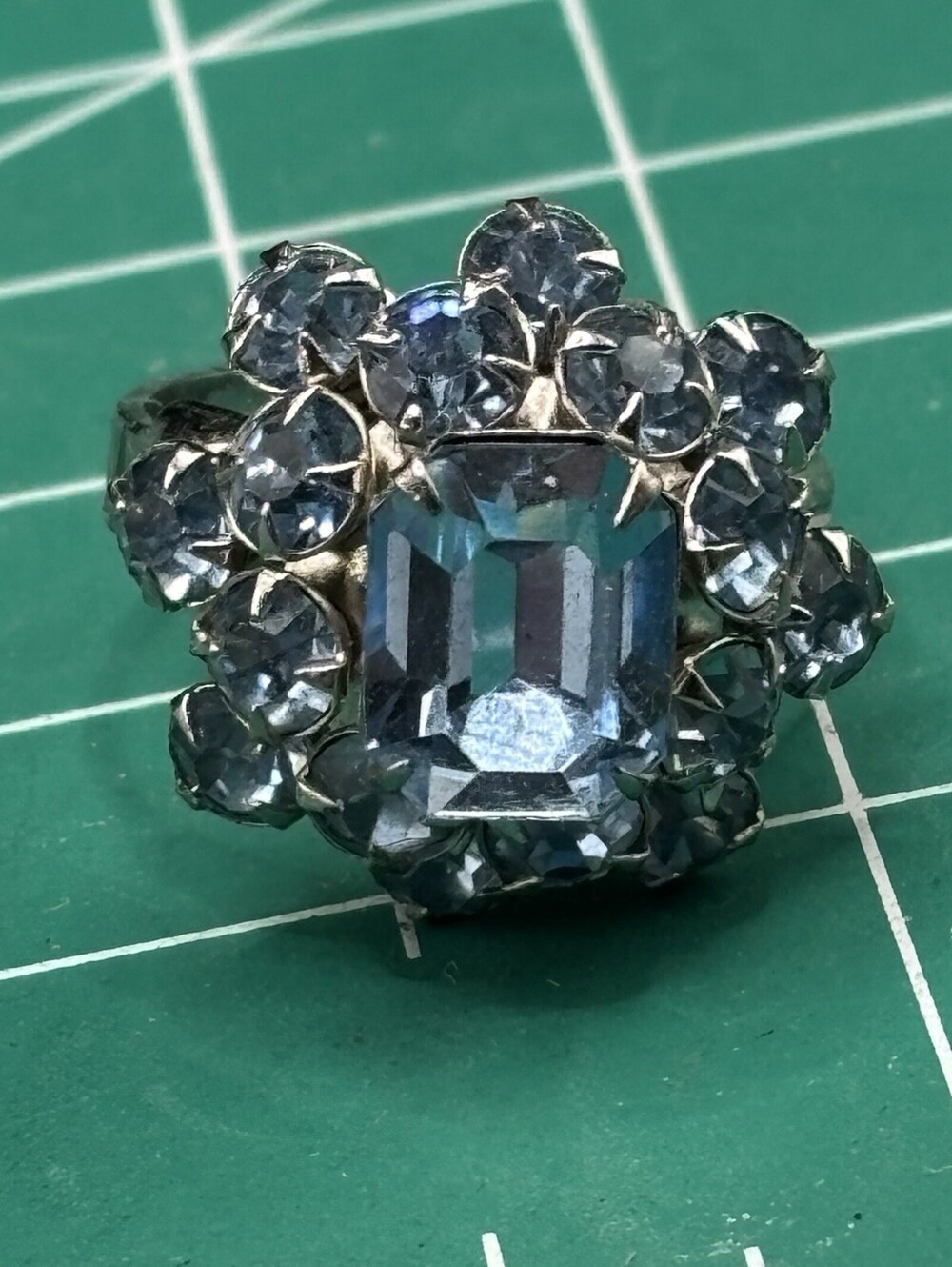 Vintage Blue Rhinestone Ring Adjustable Prong Set Silver Tone Flower Size 7.5